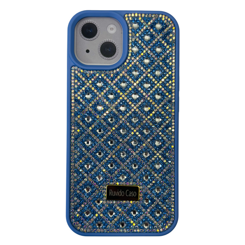 Blue phone case with diamond pattern and 'Rivado Caso' branding on a white background