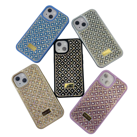 Five diamond-studded phone cases in different colors on a white background