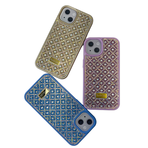 Three glittery phone cases in gold, blue, and purple on a white background