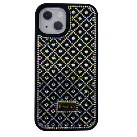 Phone case with diamond pattern and brand logo on a white background