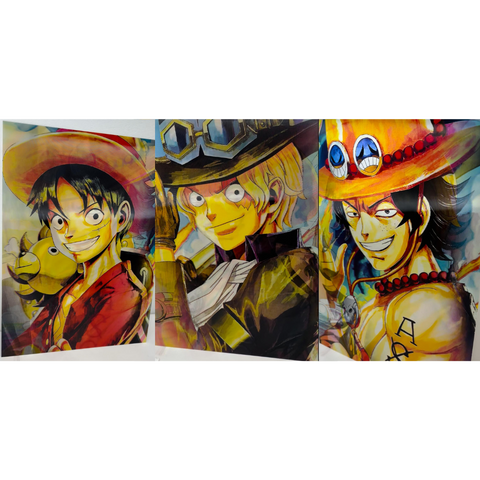 A set of three colorful posters featuring anime characters from the series One Piece, depicting Luffy, Sanji, and Portgas D. Ace in vibrant artwork.