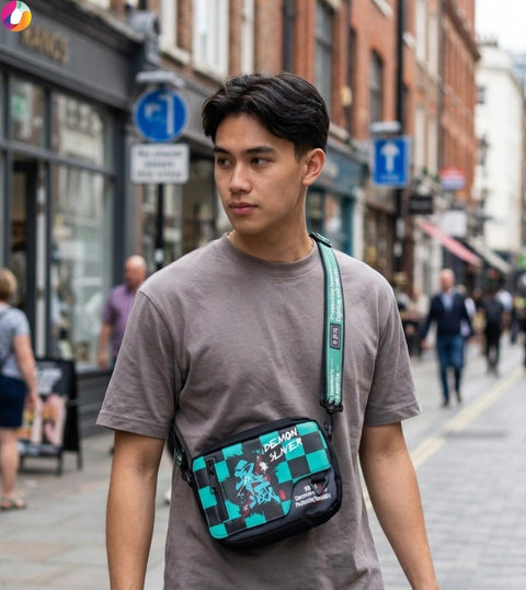Demon Slayer Tanjiro Kamado Crossbody Sling Bag – Premium Anime Checkerboard Messenger Bag with Custom Quote Strap & Tactical Storage
