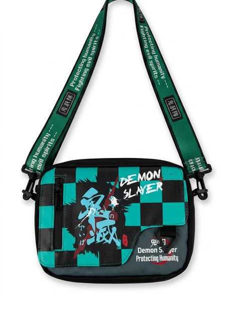 Demon Slayer Tanjiro Kamado Crossbody Sling Bag – Premium Anime Checkerboard Messenger Bag with Custom Quote Strap & Tactical Storage