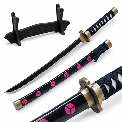 Zoro Black Small Wooden Katana with Stand | Anime-Inspired Decorative Sword