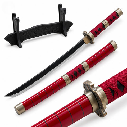Zoro Red Wooden Katana with Stand | Anime-Inspired Decorative Sword